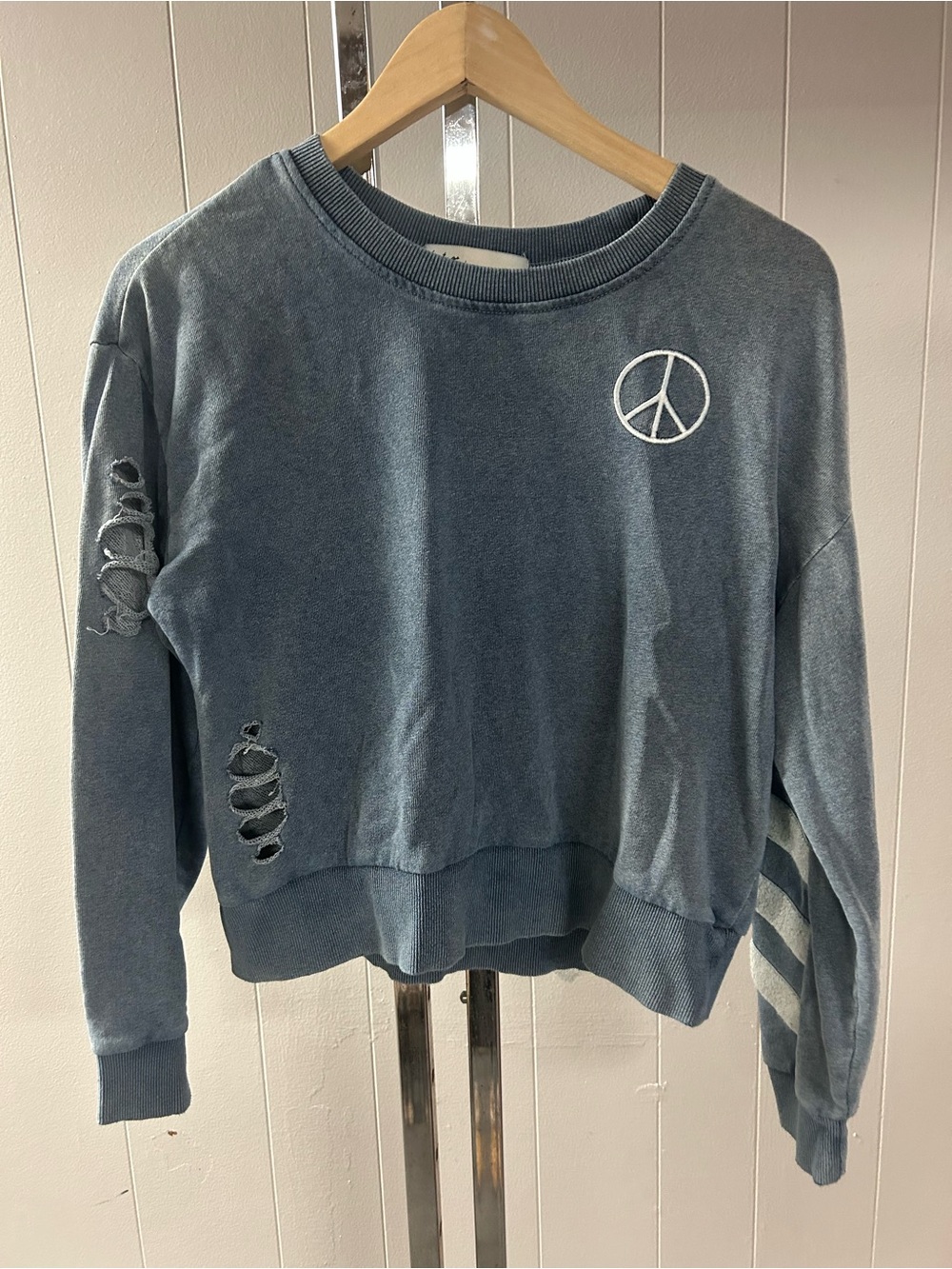 Vintage Havana Washed Blue Peace Sign Distressed Women's Sweatshirt Small